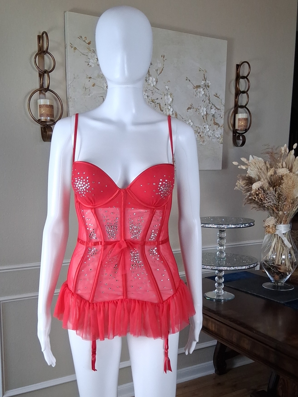 Victoria's Secret Runway Red Push-up Crystals Corset Garter Mini Dress Sexy 34C - Picture 3 of 16